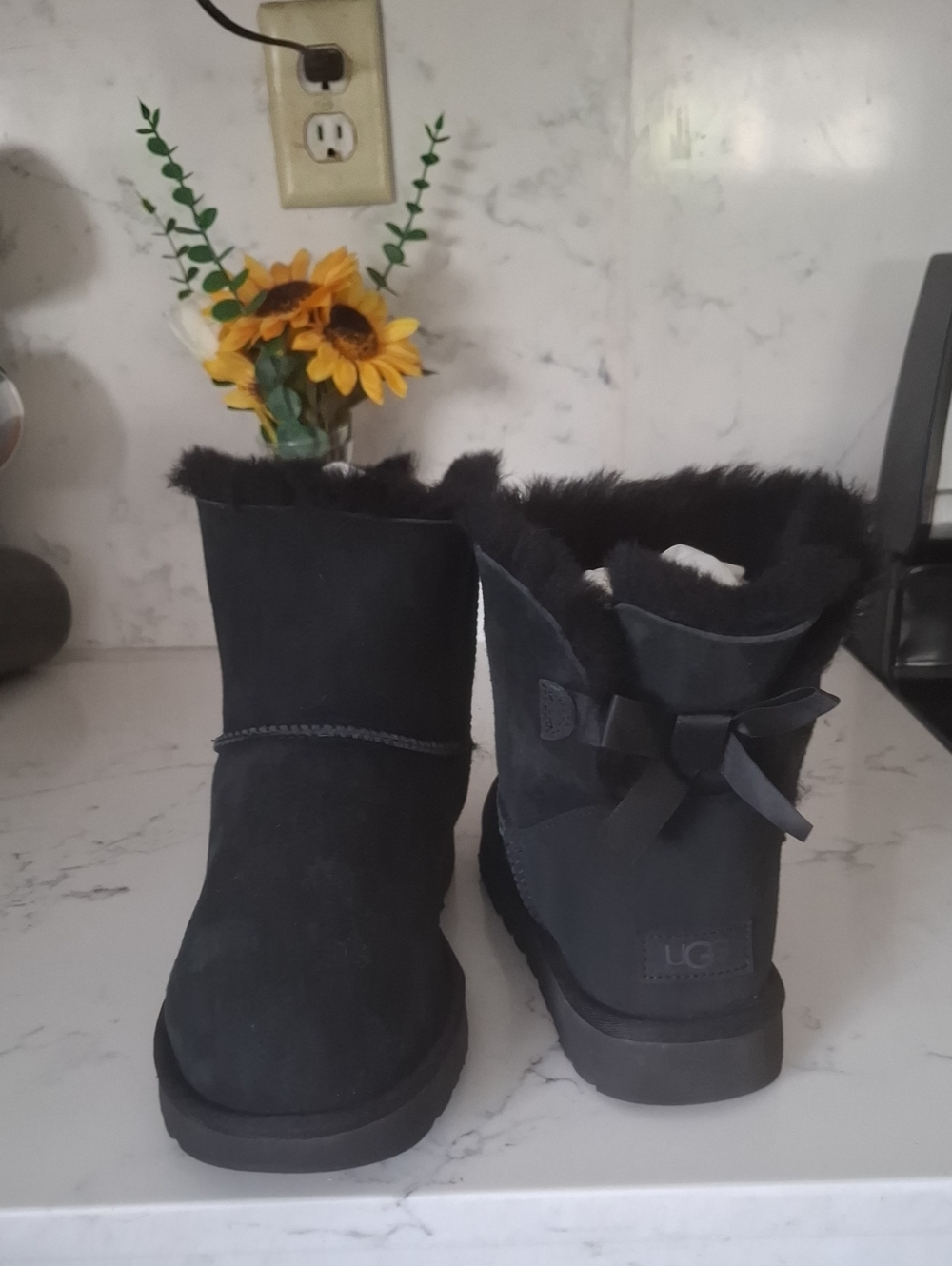 UGG Womens Black Suede Mini Bow Shearling Boots